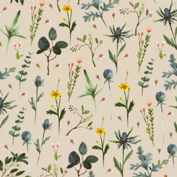 Cotton jersey - meadow on a beige background 210 g/m²