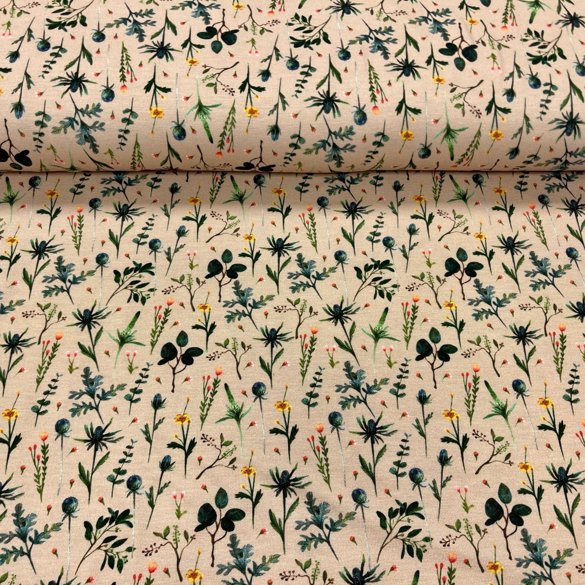 Cotton jersey - meadow on a beige background 210 g/m²