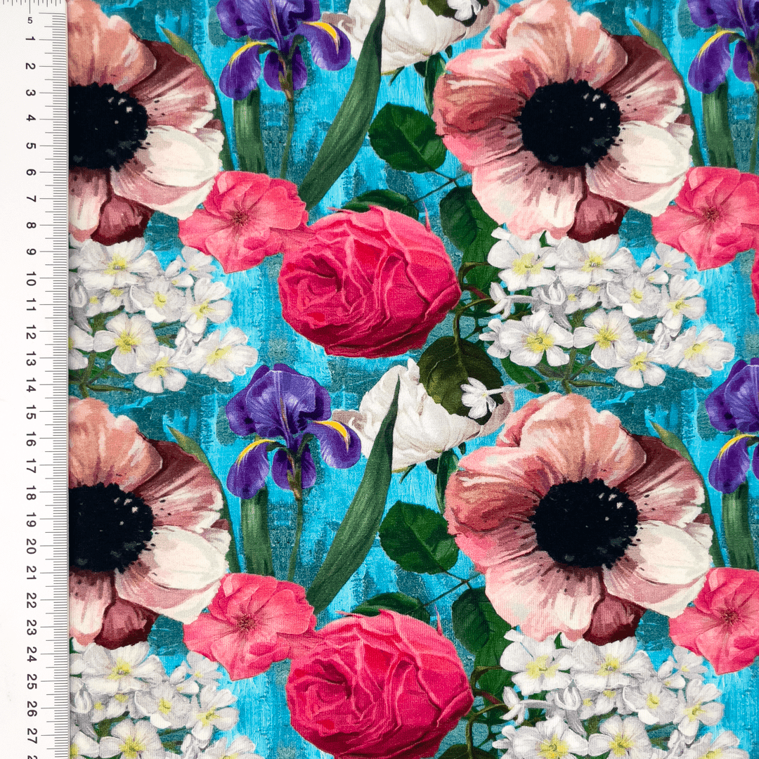 Cotton jersey - roses and irises 200 g/m²