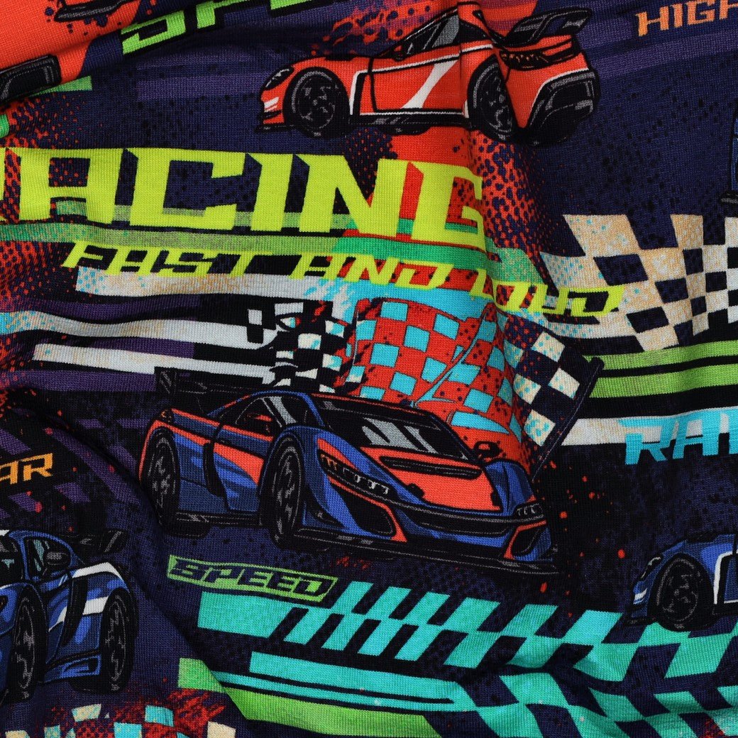 Cotton jersey knit with racing car 200 g/m² – available at Šarlotes audumi