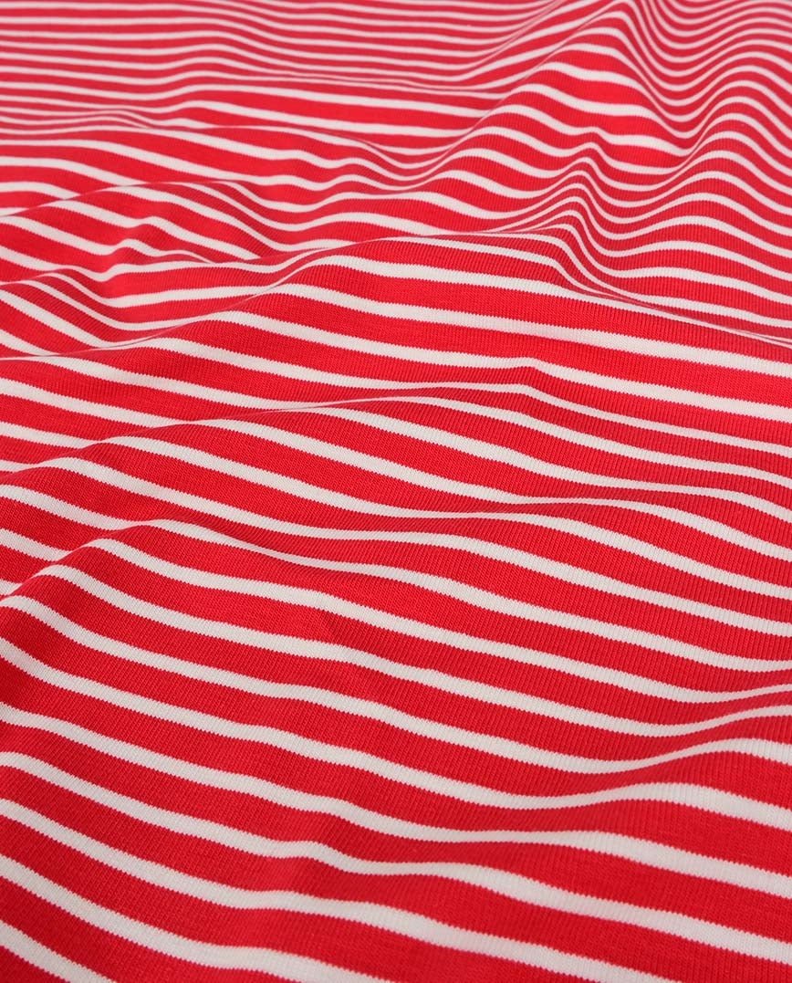 Image with cotton knit fabric - red stripes 220 g/m² – available at Šarlotes audumi