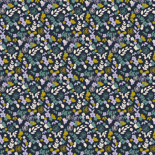 Cotton jersey - delicate little flowers on a dark blue background 220 g/m² (GOTS cert.)