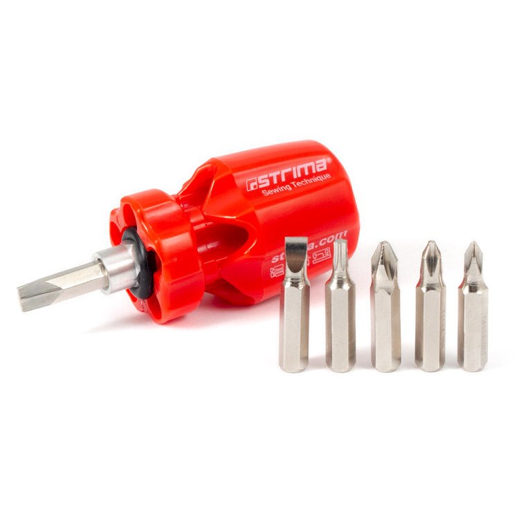 Image of a compact screwdriver for sewing machines with 6 interchangeable bits – available online at Šarlotes audumi