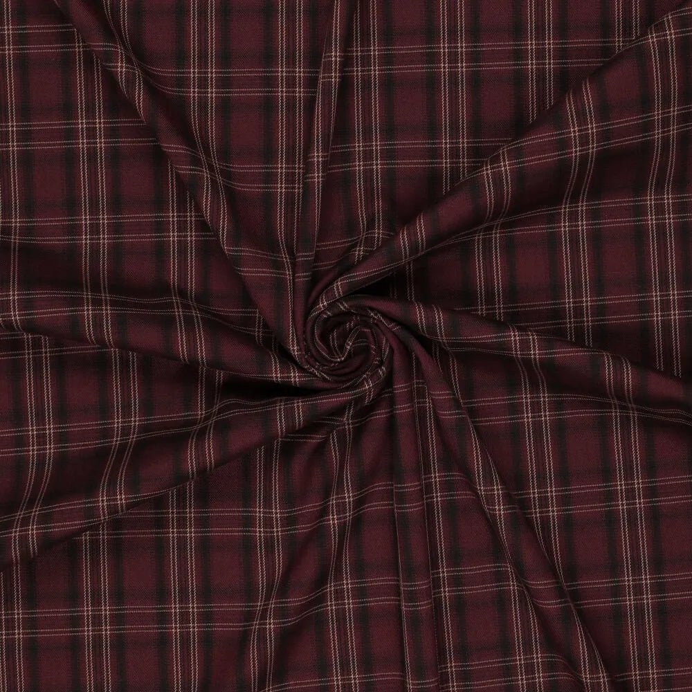 Burgundy plaid suit fabric – available online at Charlotte Fabrics
