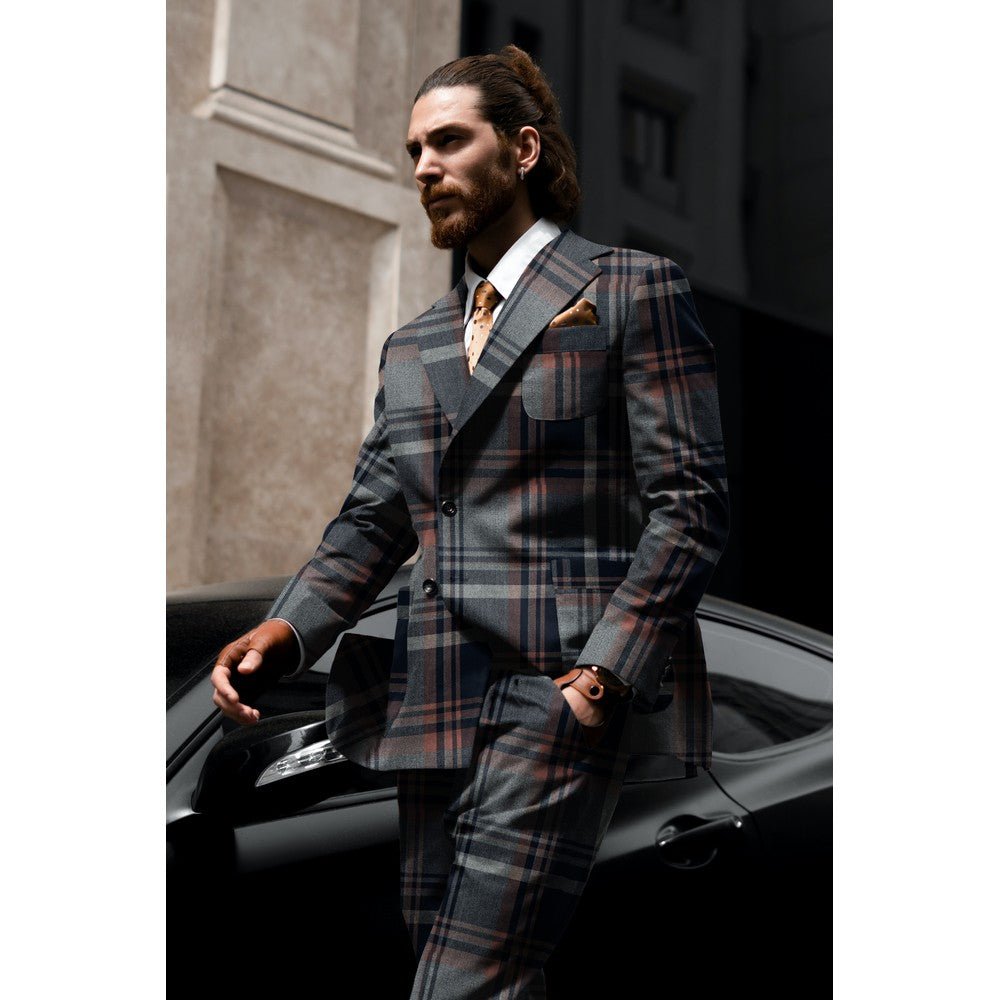 Blue and green checkered suiting fabric 230 g/m²