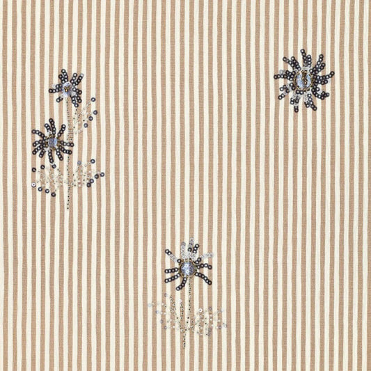 Image of a shirt fabric with elastane - beige striped with embroidered beads 135 g/m² – available at Šarlotes Audumi