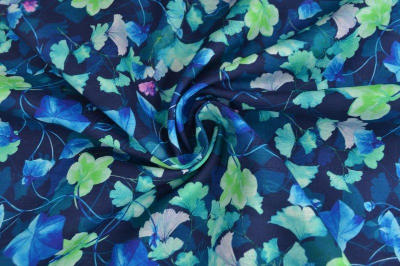 Image of linen with cotton - leaves on a blue background 170 g/m² – available at Šarlotes audumi