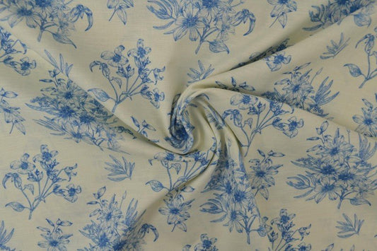 Image of linen with cotton - blue flowers 170 g/m² – available at Šarlotes audumi