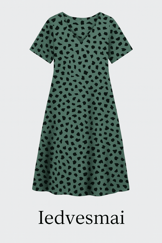 Linen with viscose - black dots on a dark mint background 180 g/m²