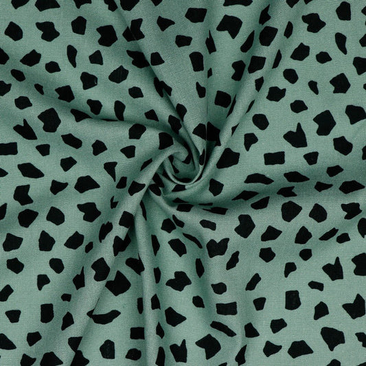 Linen with viscose - black dots on a dark mint background 180 g/m²
