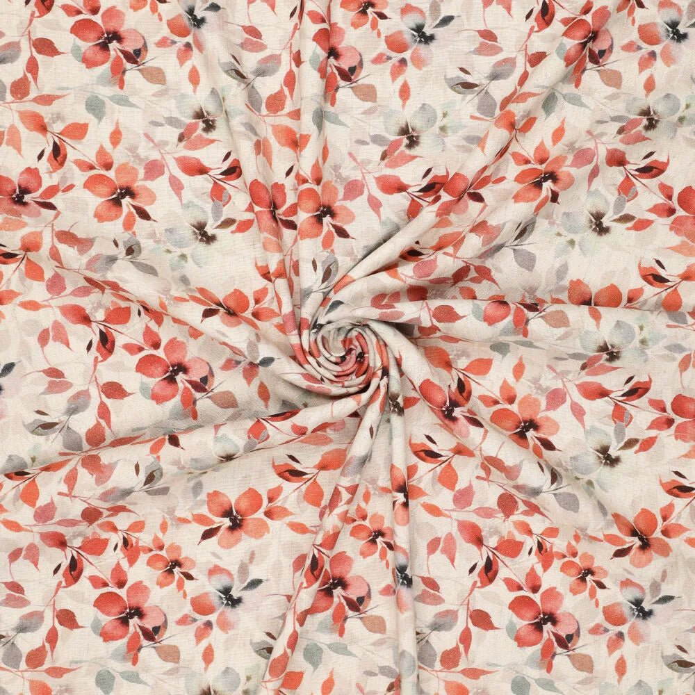 Linen with viscose - orange flowers 120 g/m²