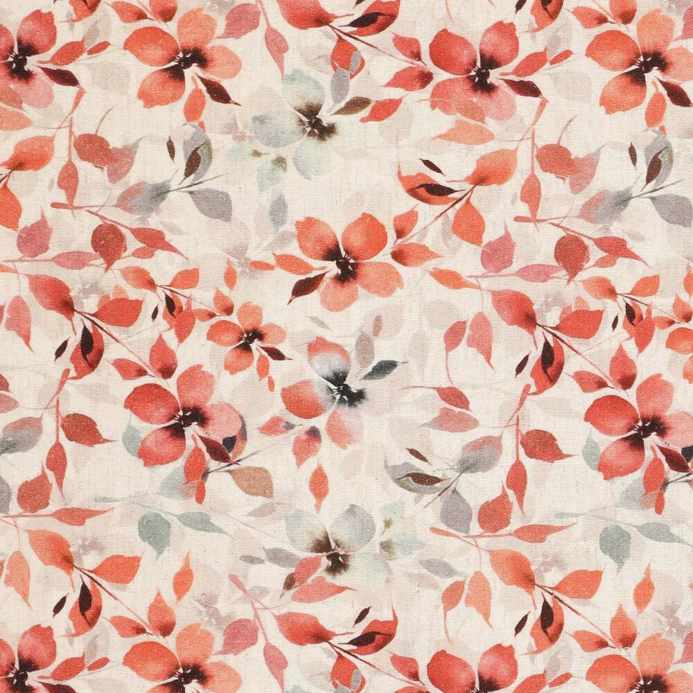 Linen with viscose - orange flowers 120 g/m²