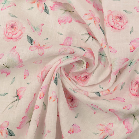 Image of linen with viscose - peonies and butterfly 220 g/m² – available at Šarlotes audumi