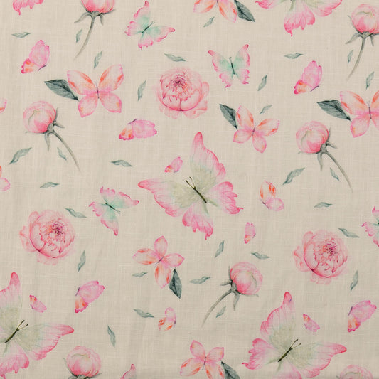 Image of linen with viscose - peonies and butterfly 220 g/m² – available at Šarlotes audumi