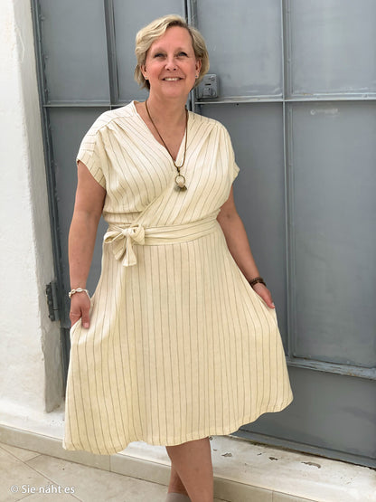 Linen with viscose - stripes on a natural beige background 200 g/m²