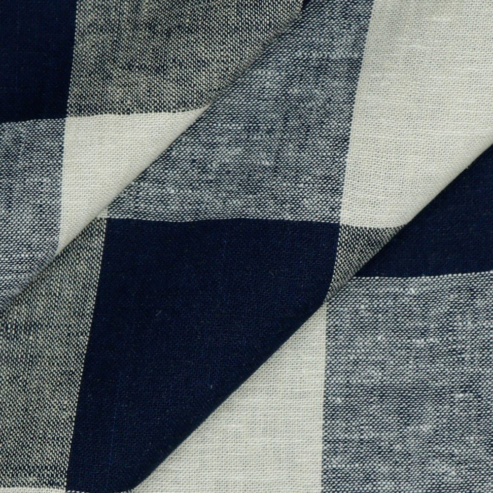 Linen with viscose - dark blue check 145 g/m²