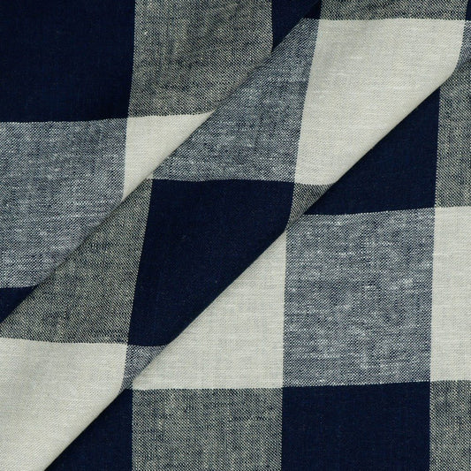 Linen with viscose - dark blue checked 145 g/m²