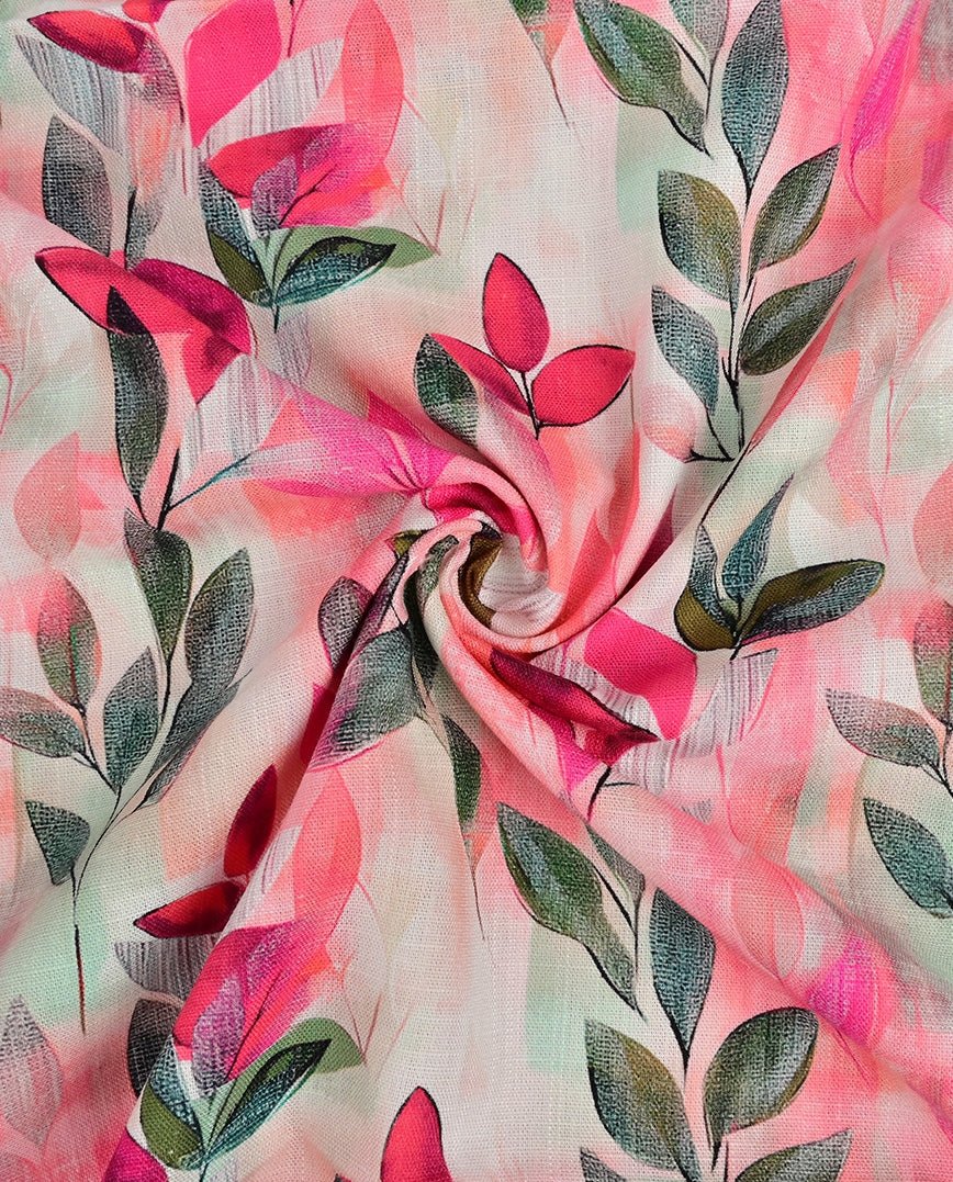 Image of linen with viscose - green and pink leaves 180 g/m² – available at Šarlotes audumi