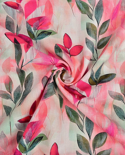Image of linen with viscose - green and pink leaves 180 g/m² – available at Šarlotes audumi