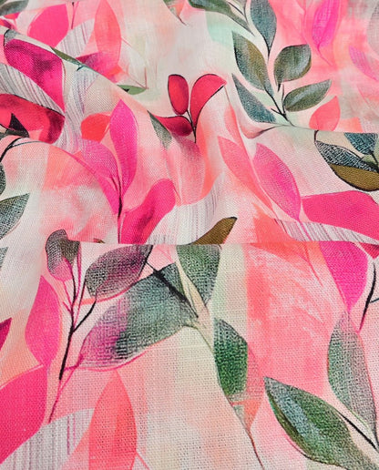 Image of linen with viscose - green and pink leaves 180 g/m² – available at Šarlotes audumi