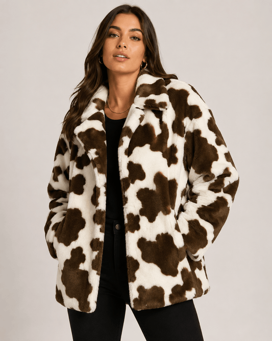 Image of faux fur with cow pattern – brown/white – available online at Šarlotes Fabrics