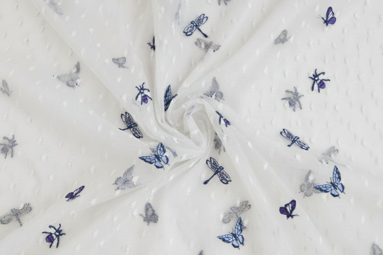 Embroidered tulle fabric with butterflies 100 g/m²