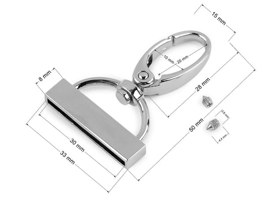 Metal carabiner with end for 30 mm wide straps|in various shades