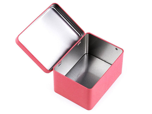 Metal box with lid for storing hardware, buttons, and beads