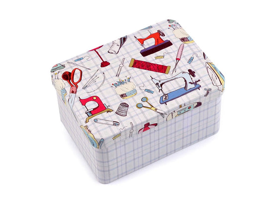 metal box with lid for storing hardware, buttons, and beads