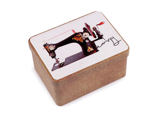 Metal box with lid for storing hardware, buttons, and beads