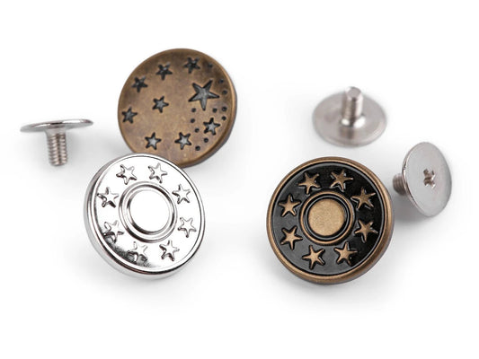 Image of a metal screw-on jeans button Ø17 mm – available at Šarlotes audumi