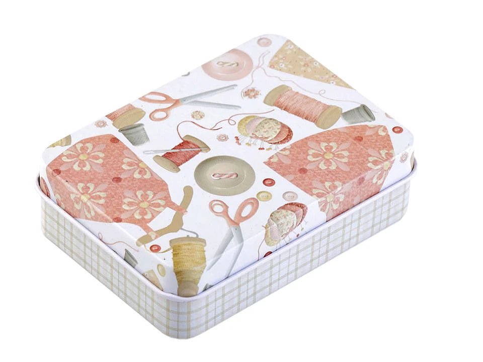 Image of a metal sewing box – available at Charlotte’s Fabrics