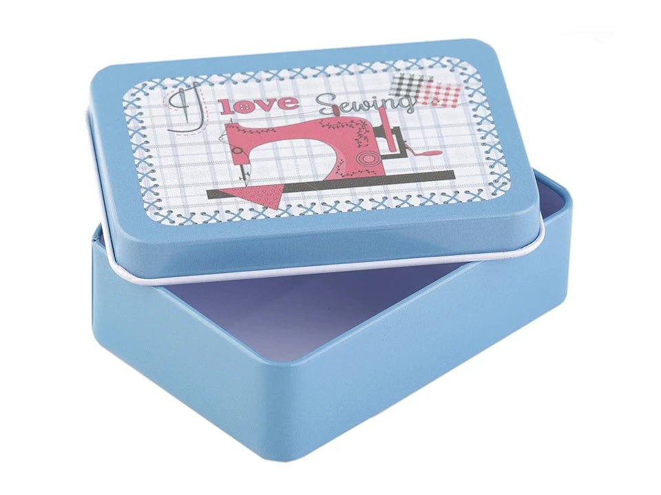 Image of a metal sewing box – available at Charlotte Fabrics