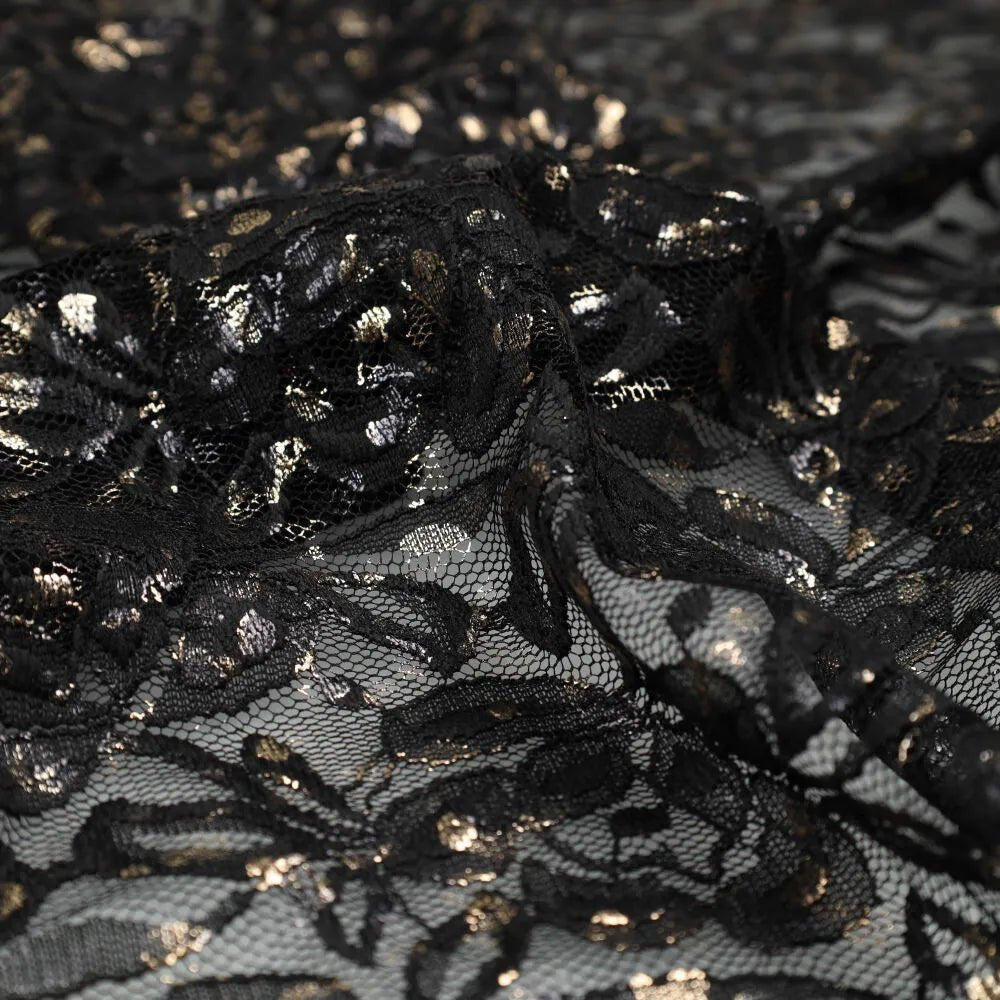 Image with lace fabric “Lauren Foil Lace” – black 140 g/m² – available at Šarlotes Audumi