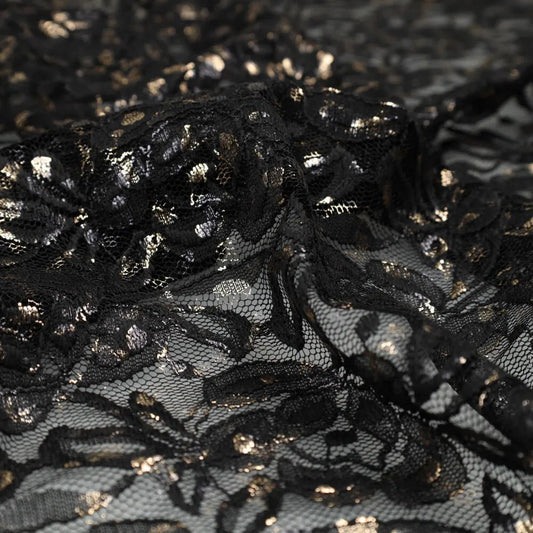 Image with lace fabric “Lauren Foil Lace” – black 140 g/m² – available at Šarlotes Audumi