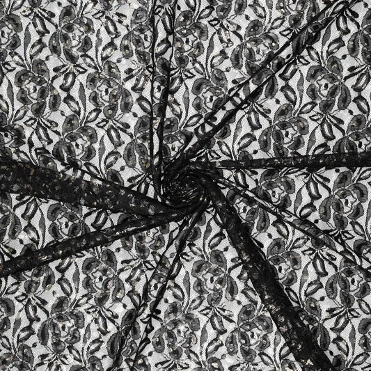 Image of "Lauren Foil Lace" lace fabric – black 140 g/m² – available at Šarlotes audumi