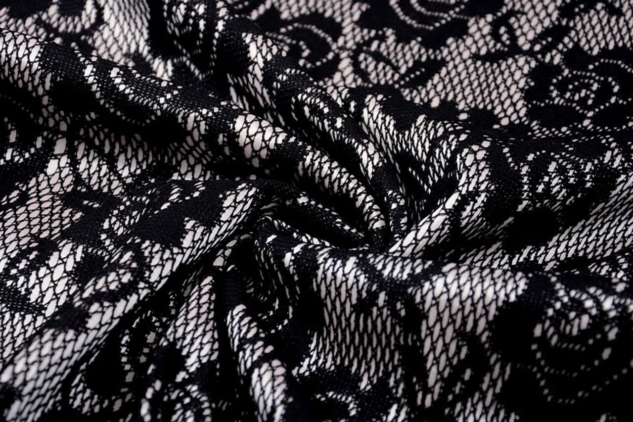 Image of lace fabric - black with white satin lining 155 g/m² – available at Šarlotes audumi