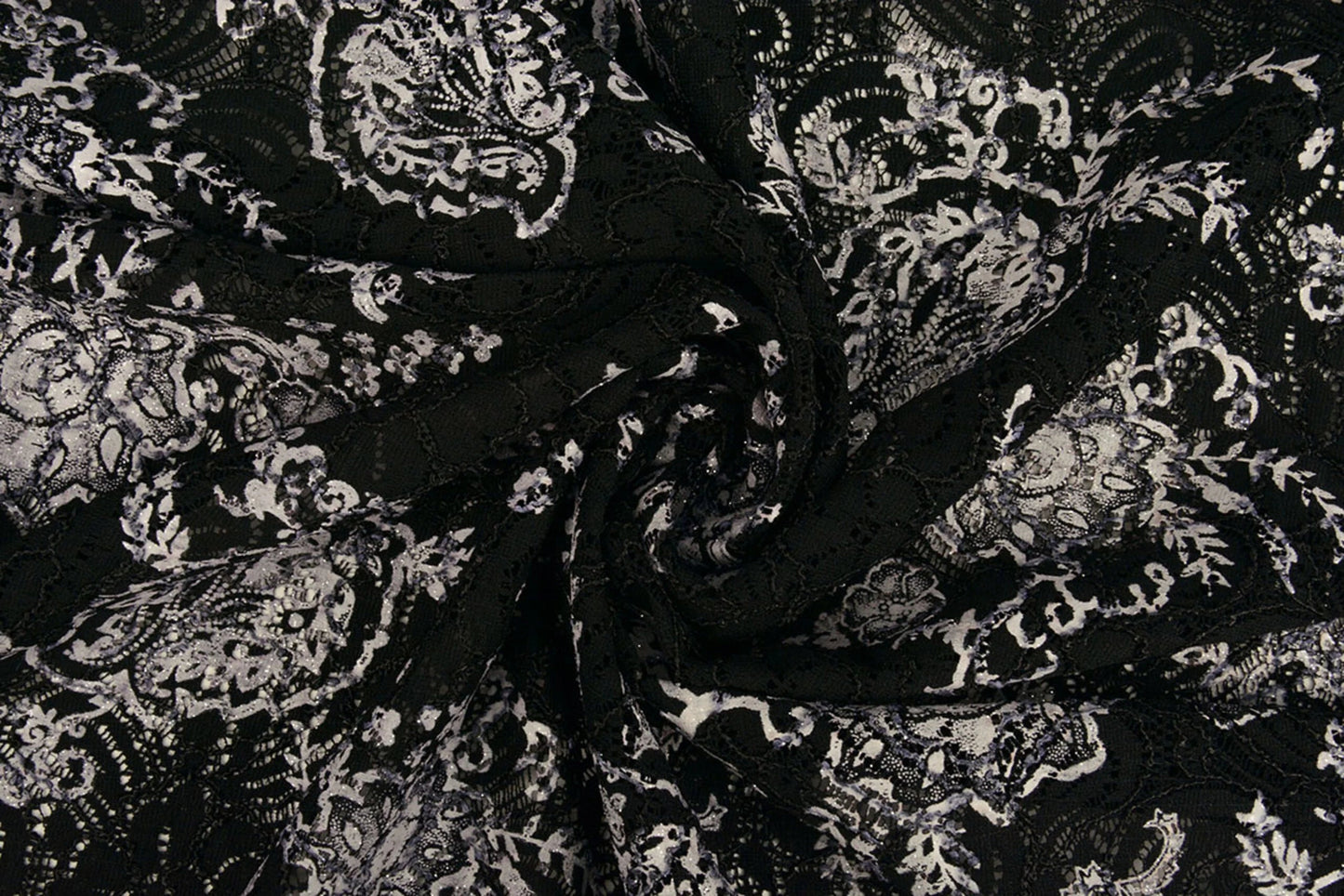 Image with lace fabric - black with silver 210 g/m² – available at Šarlotes audumi