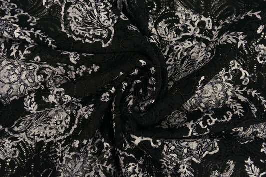 Image with lace fabric - black with silver 210 g/m² – available at Šarlotes audumi