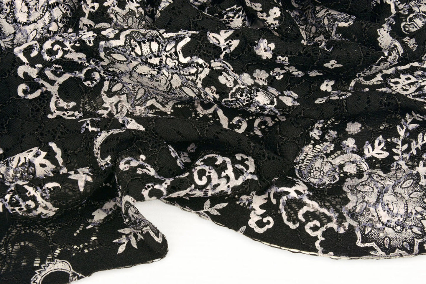 Image with lace fabric - black with silver 210 g/m² – available at Šarlotes audumi
