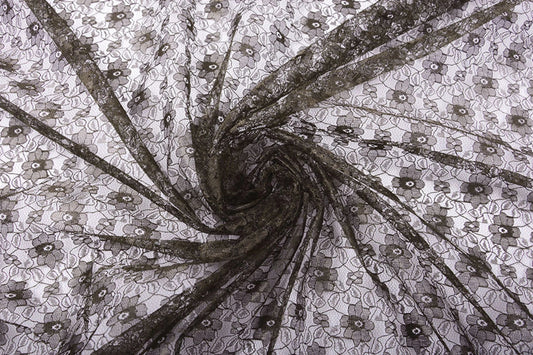Image of delicate lace fabric - chocolate brown flowers 75 g/m² – available at Šarlotes audumi