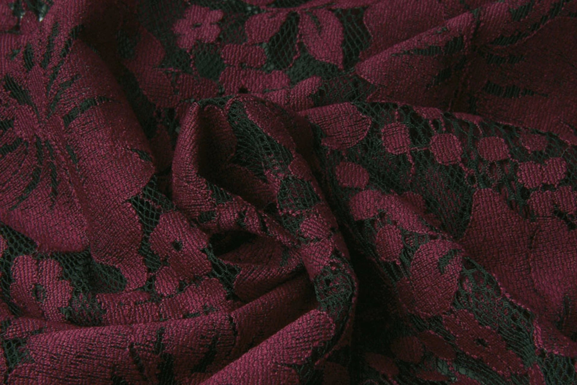 Image with lace fabric - dark red flowers 110 g/m² – available at Šarlotes audumi