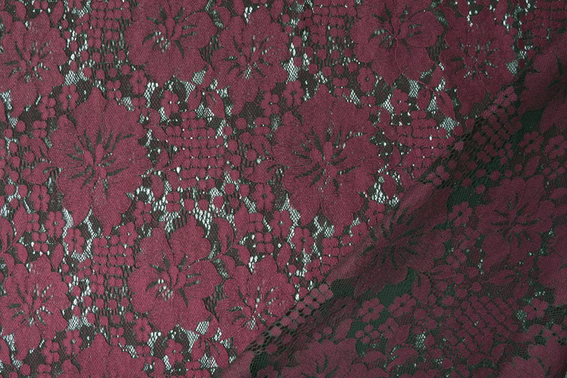 Image of lace fabric - dark red flowers 110 g/m² – available at Šarlotes audumi
