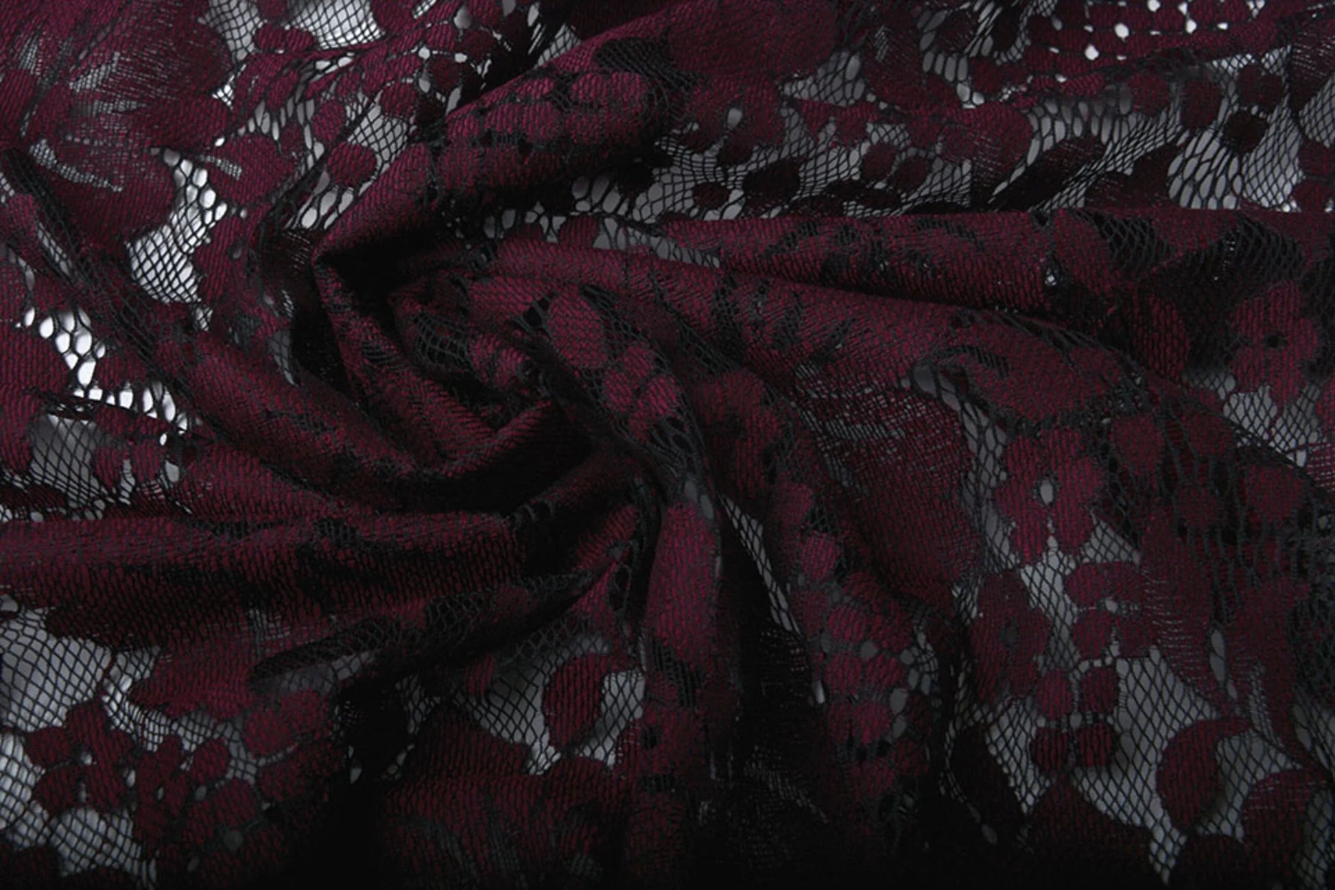 Image of lace fabric - dark red flowers 110 g/m² – available at Šarlotes audumi