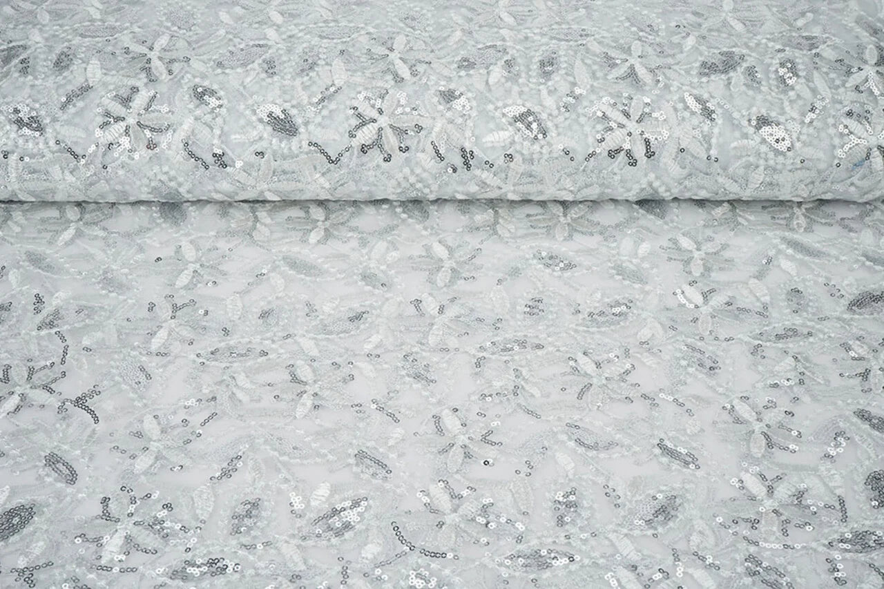 Image of lace fabric|Embroidered tulle with sequins 160 g/m² - silver – available at Šarlotes audumi