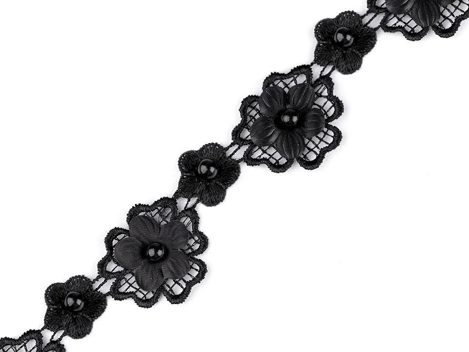 Image of lace ribbon with 3D flowers and a pearl, 30 mm - black – available at Šarlotes audumi