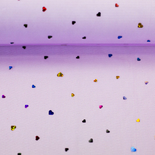 Image with soft tulle with hearts on a lilac background 40 g/m² – available at Šarlotes audumi