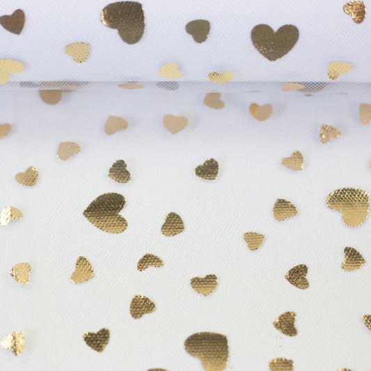 Image of soft tulle with gold hearts 20 g/m² – available at Šarlotes audumi