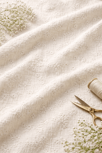 Image of embroidered muslin - beige flowers 180 g/m² – available at Charlotte's Fabrics