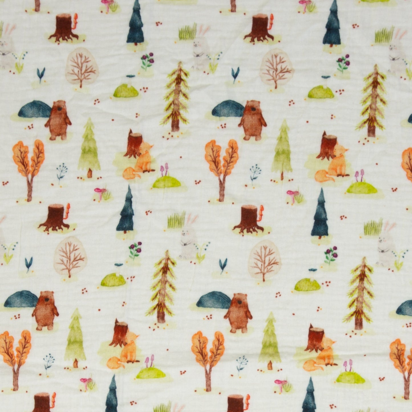 Muslin - bear with fox in the forest 130 g/m²